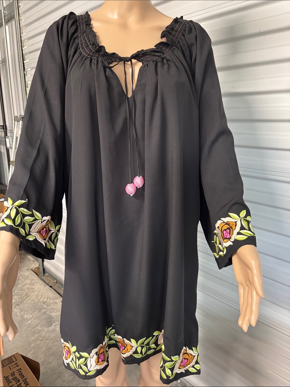 Black Embroidered Peasant Dress with Floral Trim